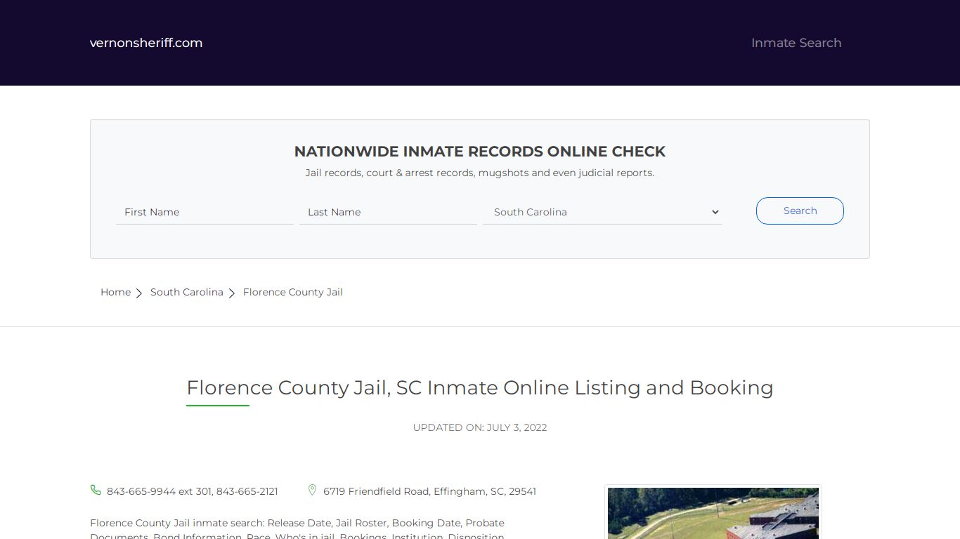 Florence County Jail, SC Inmate Online Listing and Booking